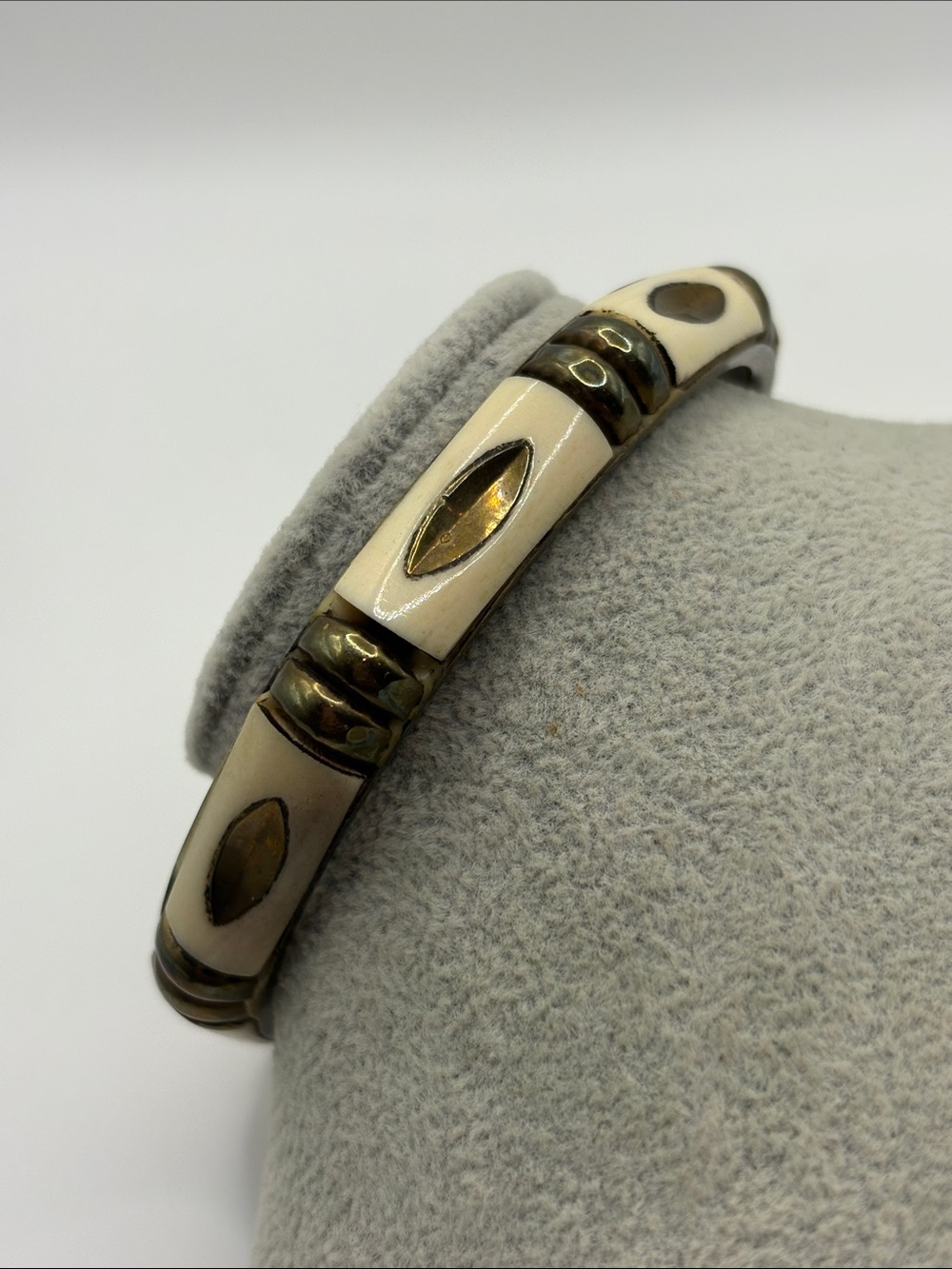Cream Bone and Brass-Tone Inlay Men’s Bangle Bracelet 9.25”